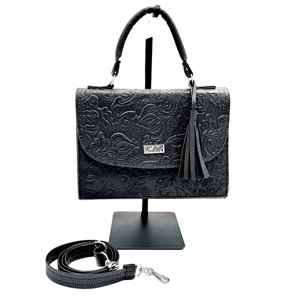 New Colette Black Embossed Leather Satchel | Top Handle & Crossbody Bag
